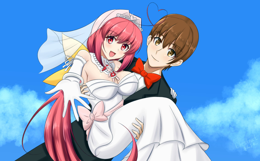 1boy 1girl :d absurdres ahoge bow bridal_veil bride brown_eyes brown_hair carrying chestnut95 dress elbow_gloves gloves groom hair_bow heart heart_ahoge hetero highres husband_and_wife kagami_sumika long_hair looking_at_viewer low_ponytail muvluv open_mouth ponytail princess_carry red_eyes red_hair shirogane_takeru smile strapless strapless_dress tiara tuxedo veil wedding wedding_dress white_dress