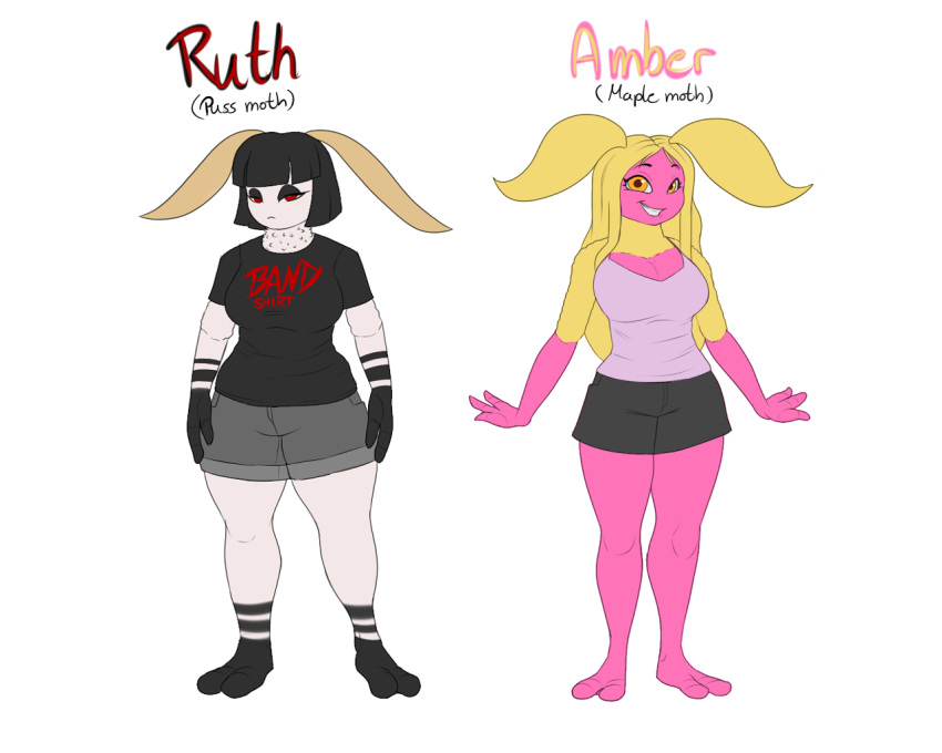 amber_(tango's_family) antennae_(anatomy) anthro arthropod big_breasts big_eyes blackbetty breasts clothed clothing duo female fur fuzzy hair insect invalid_tag lepidopteran looking_at_viewer maple_moth moth puss_moth ruth_(tango's_family) smile thick_thighs