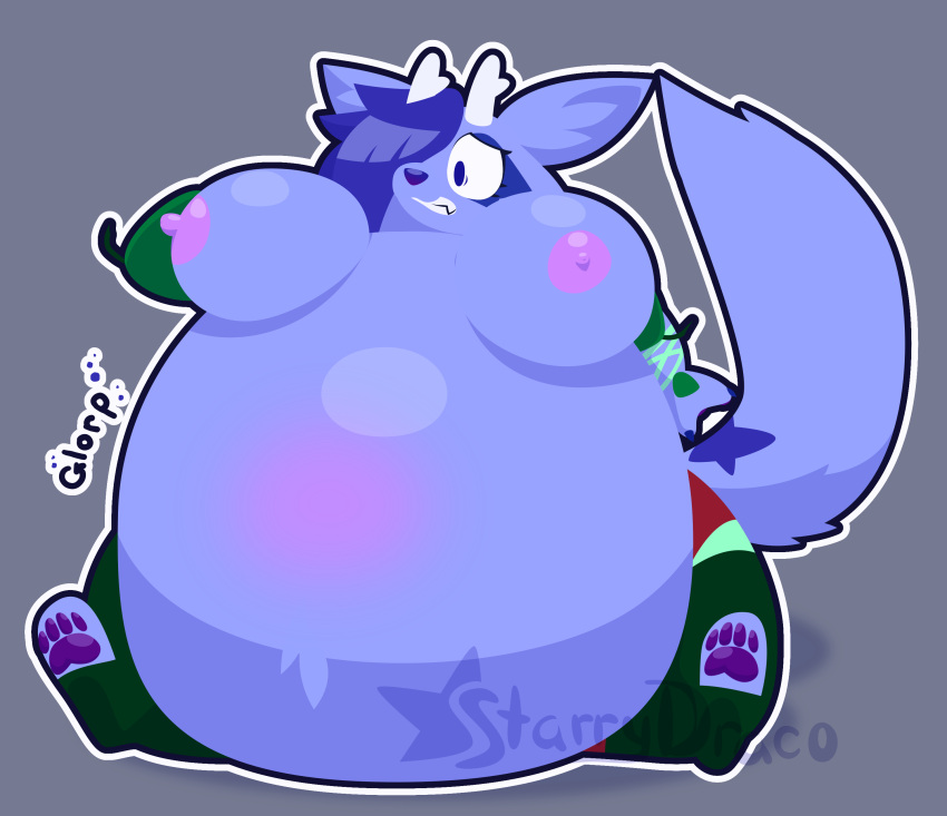 absurd_res anthro antlers belly big_belly big_breasts big_ears blue_body blue_fur blueberry_inflation breasts digital_media_(artwork) female fur hair hi_res horn inflation mammal nipples onomatopoeia overweight pawpads paws simple_background solo sound_effects starry_(starrydraco) starrydraco text therrigon