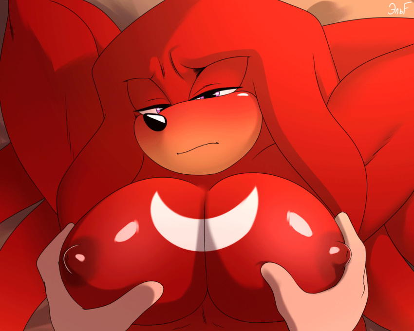 2023 animated anthro blush breasts chest_rub digital_media_(artwork) duo echidna first_person_view knuckles_the_echidna krazyelf male mammal monotreme multicolored_body muscular muscular_anthro muscular_male nipple_fetish nipple_play nipples pecs purple_eyes red_body sega solo_focus sonic_the_hedgehog_(series) tan_body white_body