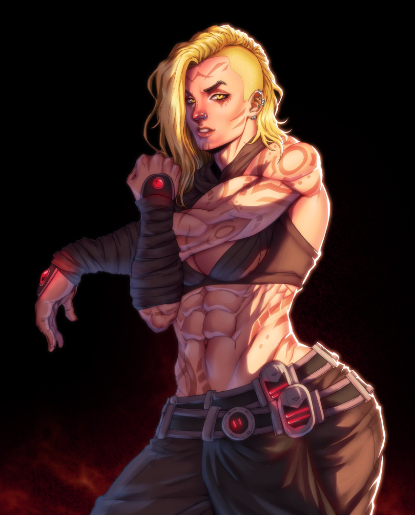 1girl abs az_ciam belt blonde_hair breasts cleavage commission earrings facial_tattoo highres jewelry looking_at_viewer muscular muscular_female nose_piercing nose_ring original piercing shaved_head sith solo star_wars stretching tattoo