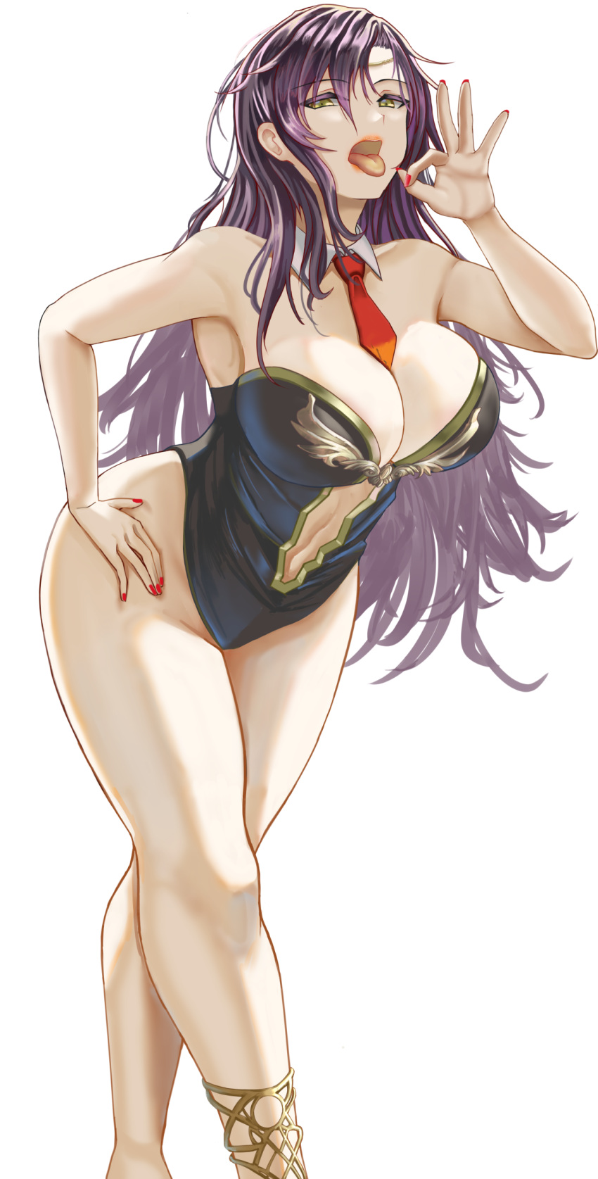 1girl anklet bare_shoulders black_leotard breasts circlet cleavage commission covered_navel detached_collar fellatio_gesture fingernails fire_emblem fire_emblem:_the_blazing_blade hand_on_own_hip highleg highleg_leotard highres jewelry large_breasts leaning_forward leotard long_hair looking_at_viewer mature_female necktie open_mouth pixiv_commission playboy_bunny plunging_neckline purple_hair red_nails solo sonia_(fire_emblem) strapless strapless_leotard thighs tongue tongue_out waizumi_(vestineislancer) yellow_eyes