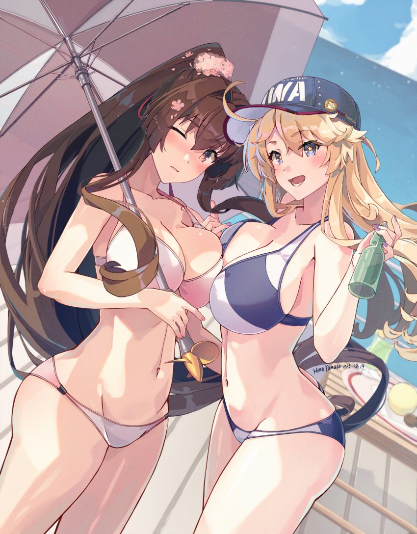 2girls baseball_cap bikini blonde_hair blue_bikini blue_eyes blue_headwear blue_sky bottle breast_press breasts brown_eyes brown_hair cherry_blossoms cloud dated day flower hair_between_eyes hair_flower hair_intakes hair_ornament hat highres himeyamato holding holding_bottle holding_umbrella iowa_(kancolle) kantai_collection large_breasts long_hair multicolored_umbrella multiple_girls navel ocean official_alternate_costume one_eye_closed open_mouth outdoors pink_bikini pink_umbrella ponytail ramune sidelocks sky star-shaped_pupils star_(symbol) swimsuit symbol-shaped_pupils two-tone_bikini umbrella very_long_hair white_bikini white_umbrella yamato_(kancolle) yamato_kai_ni_(kancolle)