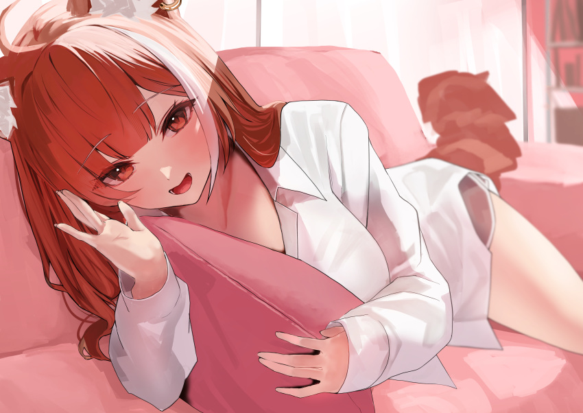 1girl absurdres animal_ear_fluff asmr blunt_bangs blush breasts collared_shirt couch dolphin_shorts dress_shirt earrings grey_shorts highres hugging_object jewelry large_breasts long_hair looking_at_viewer lying multicolored_hair nijisanji on_side open_mouth oreazu pillow pillow_hug ratna_petit red_eyes red_hair red_panda_ears red_panda_girl red_panda_tail red_tail shirt short_shorts shorts smile solo streaked_hair virtual_youtuber whispering white_hair white_shirt