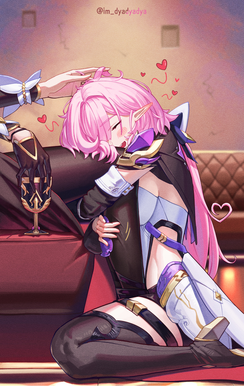 2girls absurdres artist_name black_gloves black_thighhighs blush breasts closed_eyes couch cup detached_sleeves dyadyadya eden_(honkai_impact) elysia_(honkai_impact) gloves headpat heart highres holding holding_cup honkai_(series) honkai_impact_3rd hugging_another's_leg medium_breasts medium_hair multiple_girls on_couch open_mouth pink_hair pointy_ears sideboob single_glove sitting spoken_heart thighhighs thighs twitter_username wariza yuri