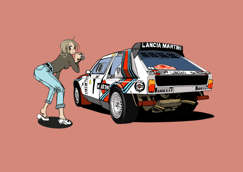 1girl belt black_belt black_shirt blue_pants breasts brown_eyes brown_hair camera car denim hair_behind_ear holding holding_camera jeans lancia_(brand) lancia_delta_s4 long_sleeves looking_at_viewer martini_(brand) medium_breasts motor_vehicle no_socks original pants pirelli race_vehicle racecar rally_car red_background ryoba_ken_(morova) sandals shirt shirt_tucked_in solo vehicle_focus white_footwear world_rally_championship