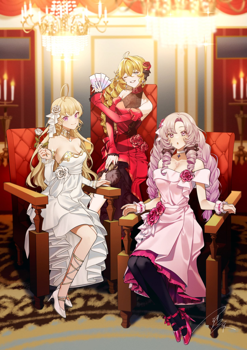 3girls :o ahoge asazuke25 bare_shoulders black_thighhighs blonde_hair blue_eyes breasts candlestand card chair chandelier choker cleavage collarbone detached_sleeves dress drill_hair flower folding_fan frilled_sleeves frills glint gown hair_flower hair_ornament hair_ribbon halterneck hand_fan highres holding holding_card holding_fan holding_flower hyakumantenbara_salome indoors lace_trim layered_dress long_hair looking_at_viewer medium_breasts multiple_girls nijisanji parted_bangs pink_dress pink_flower pink_footwear pink_rose purple_eyes purple_hair red_dress red_flower red_rose ribbon rokumeikan_kiriko rose scrunchie signature simple_background sitting sleeves_past_wrists smile strappy_heels takamiya_rion thighhighs trait_connection virtual_youtuber white_choker white_dress white_flower white_footwear white_ribbon white_rose