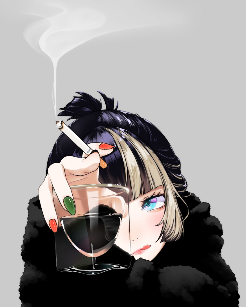 1girl :q alcohol alternate_costume alternate_hairstyle black_hair black_nails black_sweater blunt_bangs blush cigarette commentary_request cup drinking_glass fingernails fur-trimmed_sweater fur_trim green_nails grey_background head_rest highres holding holding_cigarette holding_cup hololive hololive_dev_is juufuutei_raden long_sleeves looking_to_the_side meru_corone multicolored_hair nail_polish parted_lips purple_eyes red_nails sidelocks simple_background smoke_trail smoking solo streaked_hair sweater tongue tongue_out upper_body virtual_youtuber