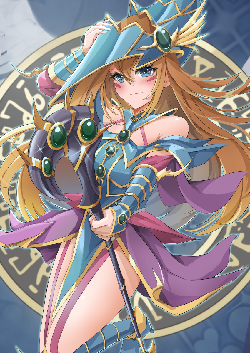1girl absurdres adjusting_clothes adjusting_headwear bare_shoulders blue_eyes blush_stickers breasts brown_hair duel_monster hair_between_eyes hat highres holding holding_staff large_breasts long_hair magician's_valkyria misakura_aoi solo staff vambraces yu-gi-oh!