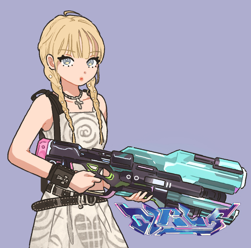 1girl aespa animification belt black_belt black_wristband blonde_hair braid collarbone cross cross_necklace grey_eyes grey_skirt grey_tank_top gun guriming hair_behind_ear highres holding holding_gun holding_weapon jewelry k-pop looking_at_viewer necklace purple_background real_life skirt solo song_name tank_top twin_braids weapon winter_(aespa)