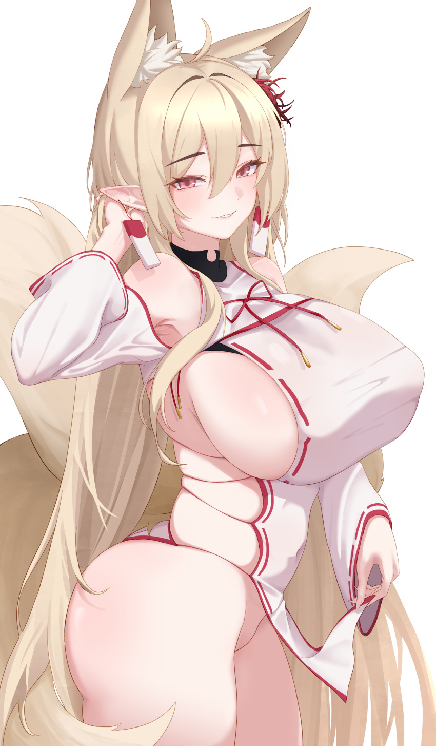 1girl absurdres animal_ears armpit_peek bare_shoulders blonde_hair breasts commission covered_nipples cowboy_shot dress earrings extra_ears fox_ears fox_girl fox_tail grin hand_up highres huge_breasts jewelry long_hair long_sleeves looking_at_viewer no_bra no_panties original pelvic_curtain pointy_ears red_eyes revealing_clothes short_dress sideboob sideless_outfit sidelocks simple_background skindentation smile solo tail thighs very_long_hair white_background white_dress yn_6262