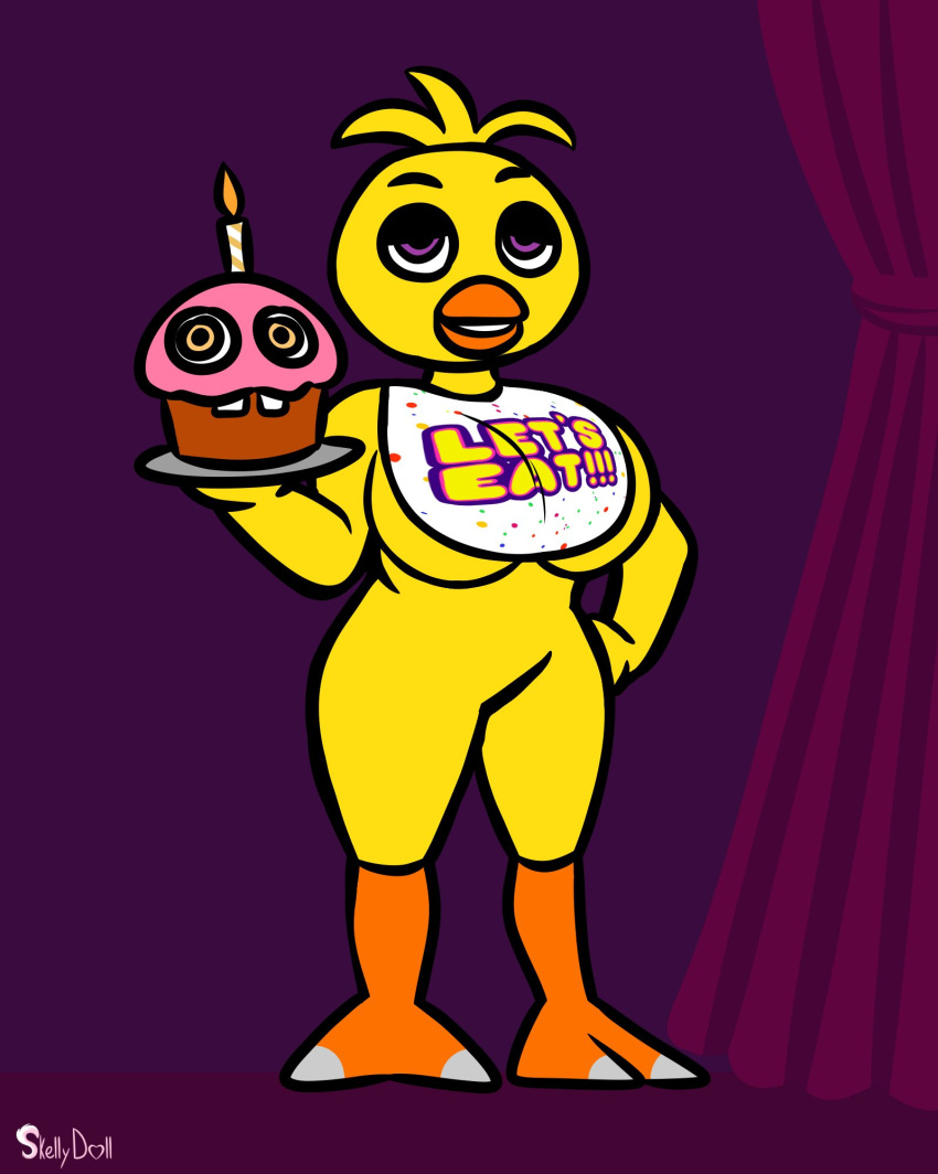 anthro avian bib bird breasts chica_(fnaf) chicken cupcake_(fnaf) curtains female five_nights_at_freddy's galliform gallus_(genus) hi_res phasianid purple_background scottgames simple_background skeletonguys-and-ragdolls solo text_on_bib yellow_body