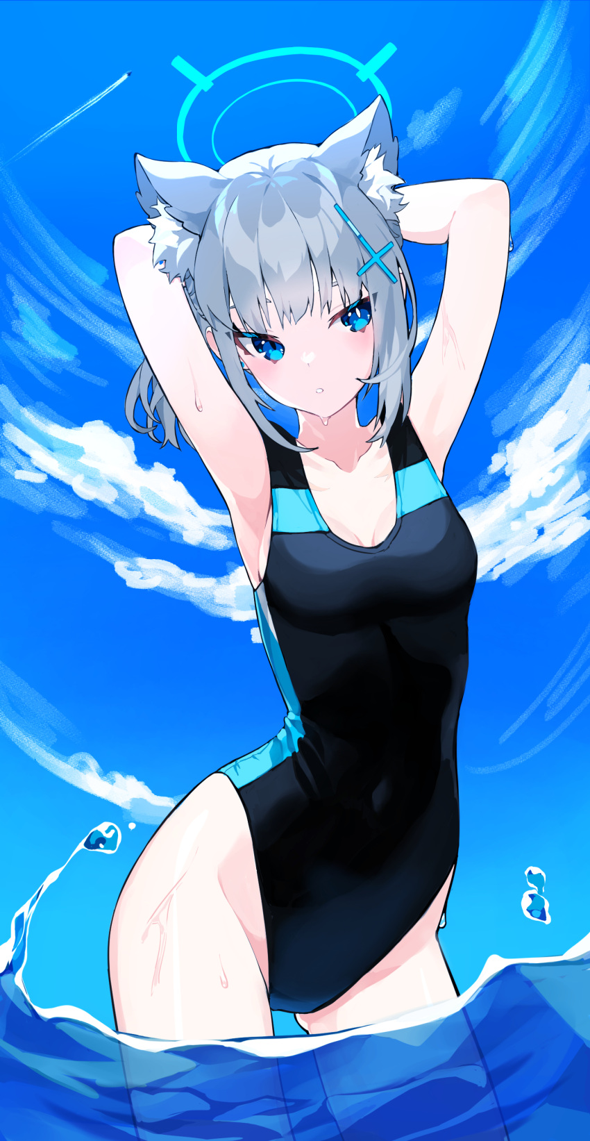 1girl absurdres animal_ear_fluff animal_ears armpits arms_behind_head blue_archive blue_eyes blue_sky cloud cloudy_sky collarbone commentary_request competition_swimsuit cross_hair_ornament extra_ears grey_hair groin hair_between_eyes hair_ornament halo highleg highleg_swimsuit highres honi_(honi1010) horizon in_water leaning_forward looking_at_viewer low_ponytail medium_hair mismatched_pupils ocean official_alternate_costume official_alternate_hairstyle one-piece_swimsuit outdoors parted_lips shallow_water shiroko_(blue_archive) shiroko_(swimsuit)_(blue_archive) sidelocks sky sleeveless solo swimsuit water wolf_ears wolf_girl