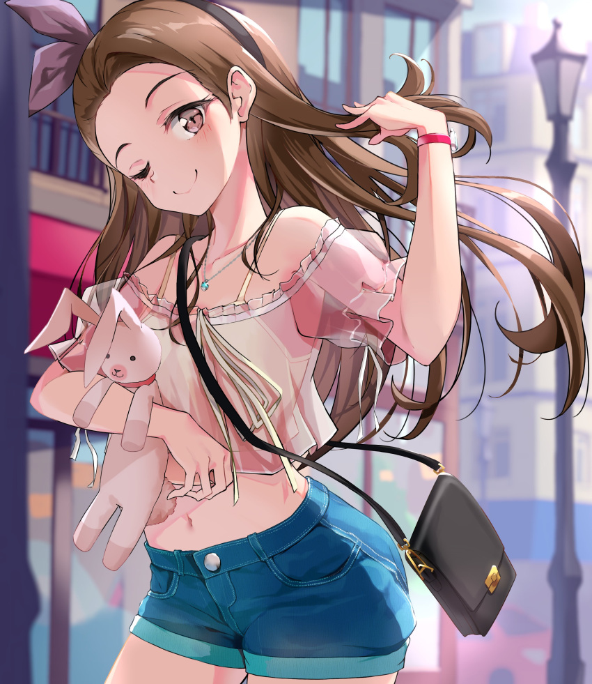 1girl absurdres adjusting_hair asymmetrical_bangs bag bare_shoulders black_hairband blue_shorts blurry blurry_background blush brown_hair camisole city collarbone contrapposto cowboy_shot denim denim_shorts frilled_shirt frills hair_ribbon hairband handbag highres idolmaster idolmaster_(classic) idolmaster_million_live! idolmaster_million_live!_theater_days jewelry lamppost long_hair looking_at_viewer midriff minase_iori navel necklace nose off_shoulder one_eye_closed pink_eyes pink_ribbon pink_shirt ribbon see-through see-through_shirt shiroyu shirt shorts smile solo stuffed_animal stuffed_rabbit stuffed_toy usa-chan_(idolmaster) watch wristwatch yellow_camisole