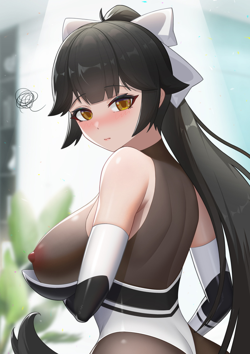 1girl absurdres arm_under_breasts ass azur_lane bare_shoulders black_hair blurry blurry_background blush bodystocking bodysuit bow breast_hold breast_lift breasts closed_mouth covered_nipples elbow_gloves embarrassed from_behind from_side gloves hair_bow high_ponytail highleg highleg_leotard highres impossible_clothes large_breasts leotard long_hair looking_at_viewer looking_back nipples official_alternate_costume ponytail race_queen see-through skin_tight solo spoken_squiggle squiggle standing takao_(azur_lane) takao_(full_throttle_charmer)_(azur_lane) tttao two-tone_leotard upper_body very_long_hair wavy_mouth white_bow white_gloves white_leotard yellow_eyes