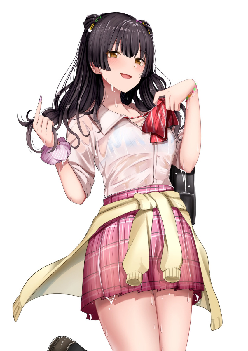 1girl abi_(abimel10) bag bead_bracelet beads black_hair black_socks blue_bra blunt_bangs blush bow bowtie bowtie_pull bra bra_visible_through_clothes bracelet breasts brown_eyes cleavage clothes_around_waist collarbone commentary_request cowboy_shot hands_up highres idolmaster idolmaster_shiny_colors index_finger_raised jewelry leg_up loafers long_hair long_sleeves looking_at_viewer mayuzumi_fuyuko medium_breasts multiple_bracelets open_mouth pink_nails pink_scrunchie pink_skirt plaid plaid_bra plaid_skirt pleated_skirt red_bow red_bowtie school_bag school_uniform scrunchie shirt shoes simple_background skirt sleeves_rolled_up smile socks solo standing standing_on_one_leg striped striped_bow striped_bowtie striped_nails striped_scrunchie sweater two_side_up underwear wet wet_clothes wet_shirt white_background white_shirt wrist_scrunchie yellow_sweater