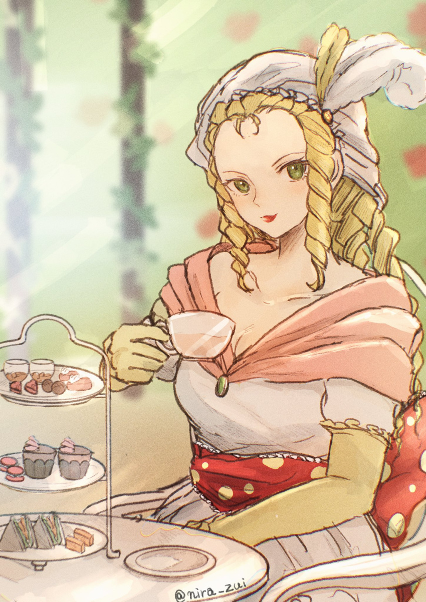 1girl blonde_hair breasts chair closed_mouth cup dress esmeralda_(suikoden) food gensou_suikoden gensou_suikoden_i highres holding holding_cup korunosabu long_hair looking_at_viewer sitting smile solo table twitter_username