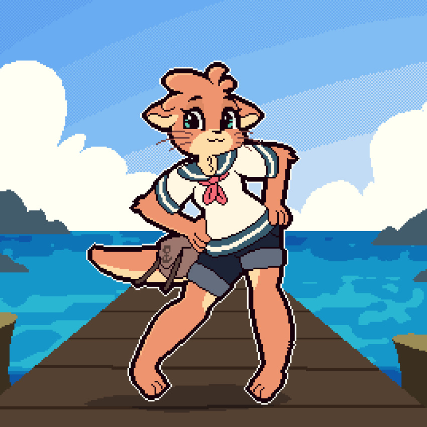 animated anthro blue_eyes clothed clothing dancing digital_media_(artwork) dock female gesture loop mammal mustelid otter outside pixel_(artwork) pixel_animation sailor_uniform salute short_playtime simple_background sky solo swaying teddybeer0525