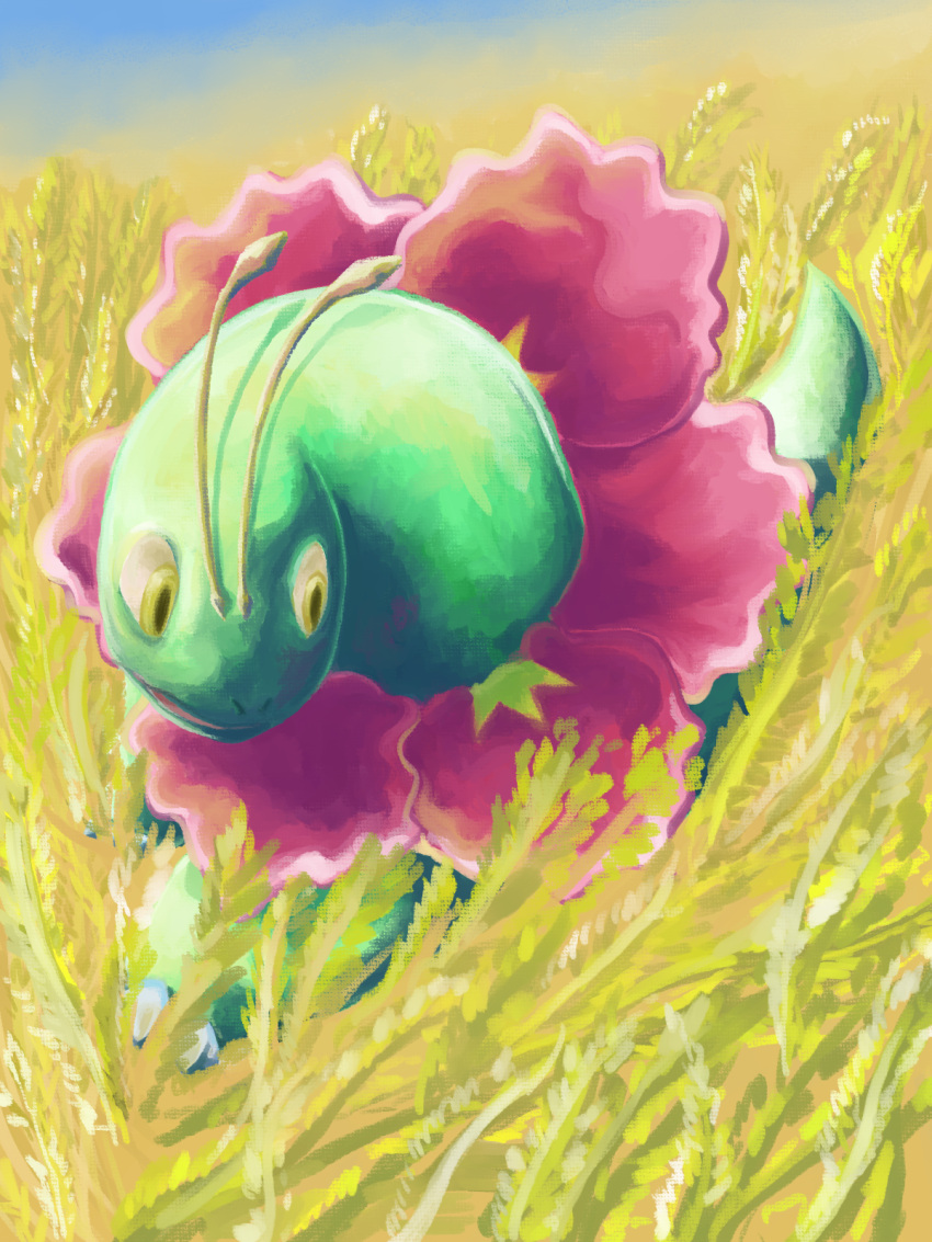 animal_focus commentary_request day grass highres kurashina_(krsn_poke324) looking_to_the_side meganium no_humans open_mouth outdoors partial_commentary pokemon pokemon_(creature) yellow_background yellow_eyes