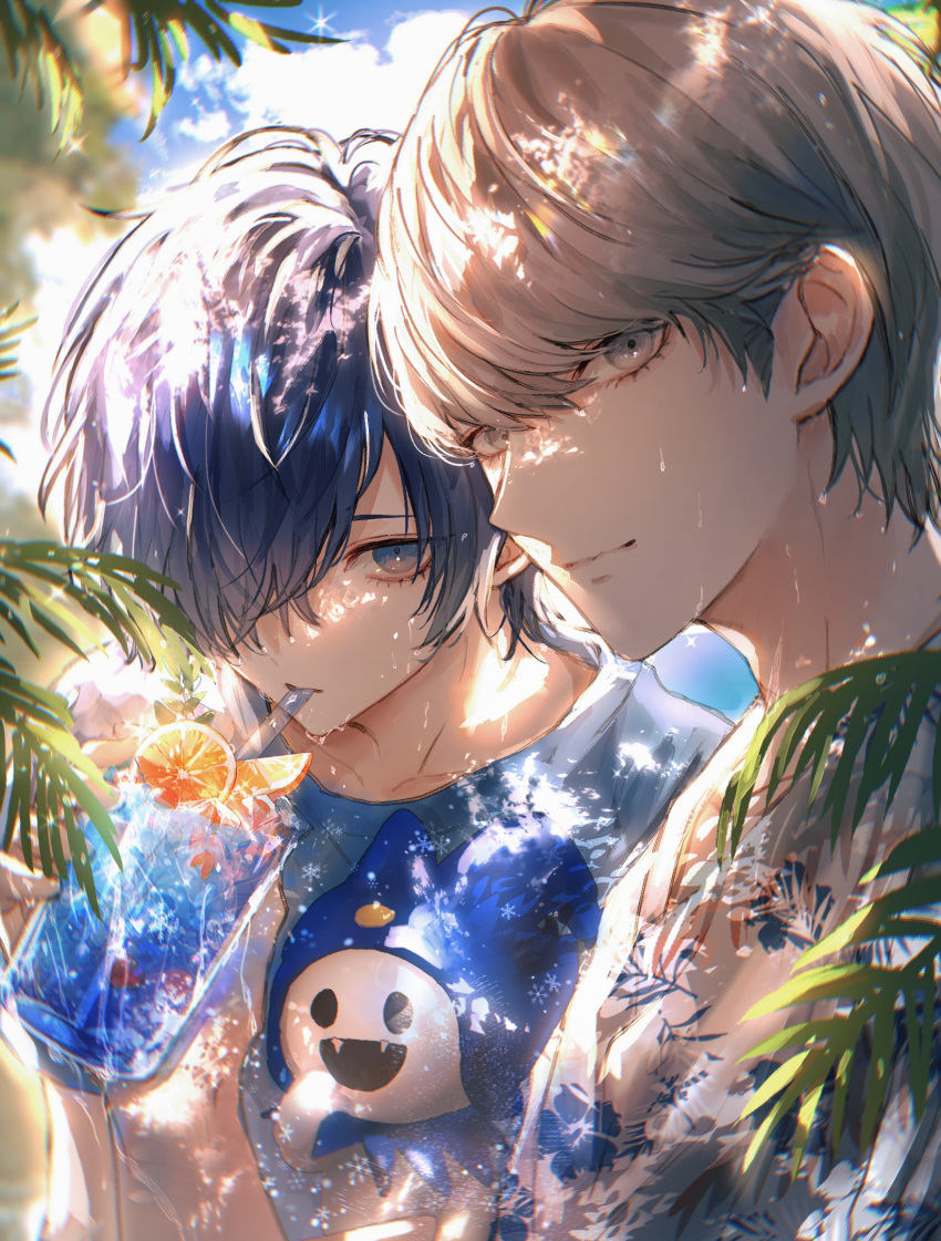 2boys asano_(kazusasn) blue_eyes blue_hair blue_shirt drinking drinking_straw drinking_straw_in_mouth floral_print food fruit grey_eyes grey_hair hair_over_one_eye highres jack_frost male_focus multiple_boys narukami_yuu orange_(fruit) persona persona_3 persona_4 shirt yuuki_makoto