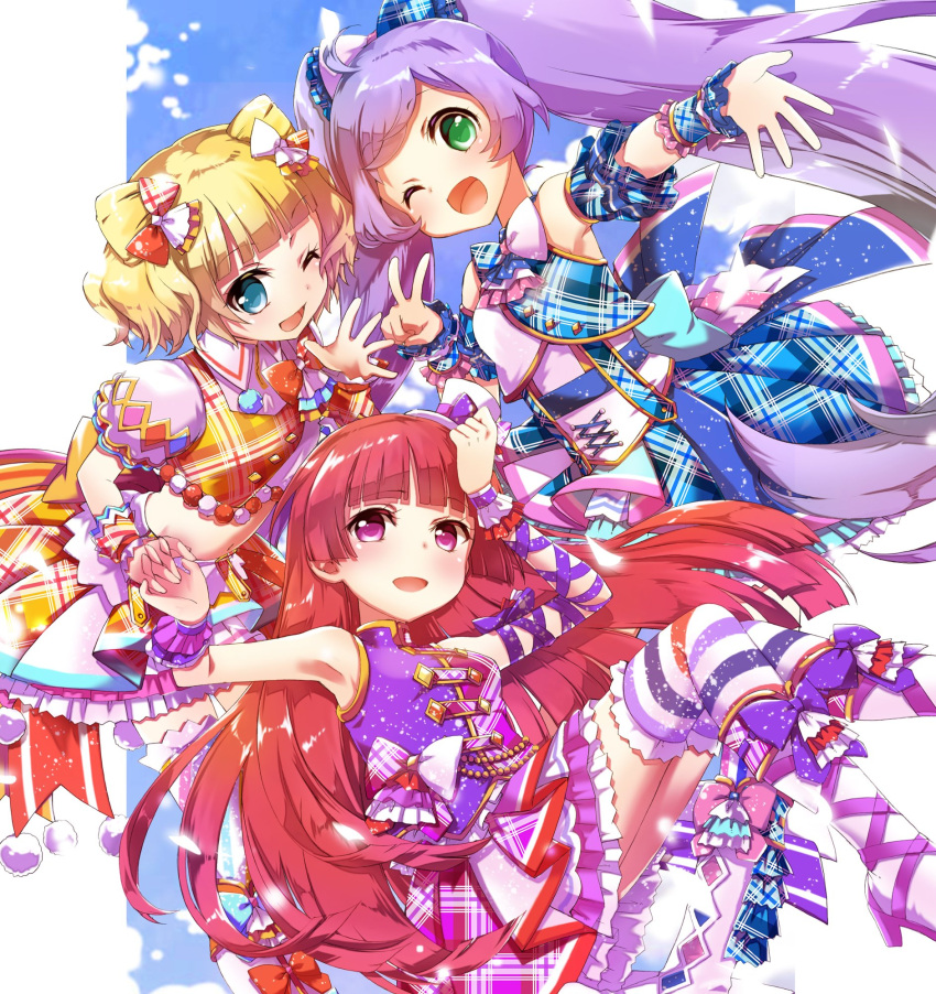 3girls :d ;d ahoge bare_shoulders blonde_hair blue_eyes blunt_bangs blunt_ends blush bow cone_hair_bun crop_top detached_sleeves double_bun green_eyes hair_bow hair_bun hair_ornament hat hekicha highres holding_hands houjou_sophie idol long_hair looking_at_viewer manaka_lala minami_mirei mini_hat mini_top_hat multiple_girls one_eye_closed open_mouth pretty_(series) pripara purple_eyes purple_hair red_hair short_hair skirt smile thighhighs top_hat twintails v wrist_cuffs