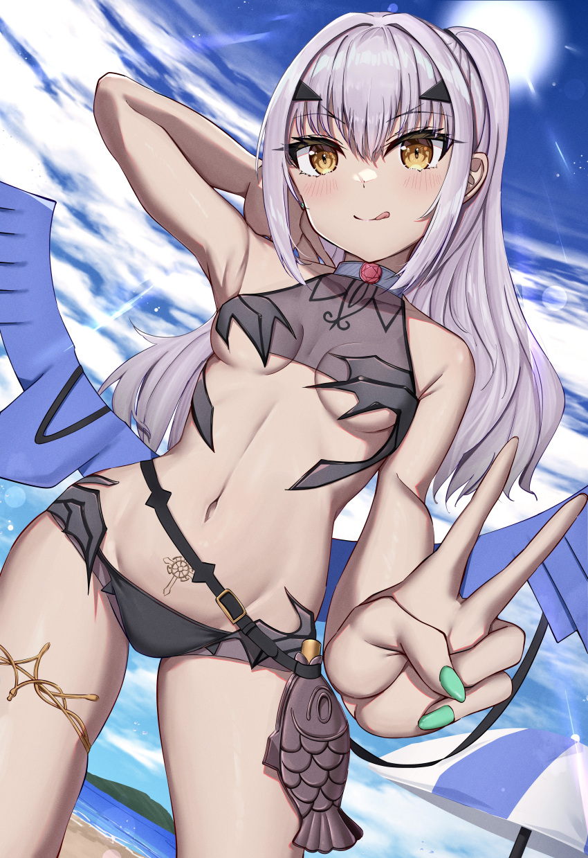 1girl absurdres arm_behind_head arm_up armpits bare_shoulders beach bikini black_bikini blue_sky blush breasts dragon_wings fate/grand_order fate_(series) forked_eyebrows high_ponytail highres licking_lips long_hair looking_at_viewer melusine_(fate) melusine_(swimsuit_ruler)_(fate) melusine_(swimsuit_ruler)_(first_ascension)_(fate) navel pubic_tattoo shore sidelocks sky small_breasts smile solo swimsuit tail tattoo thighlet thighs tongue tongue_out toukan v white_hair wings yellow_eyes