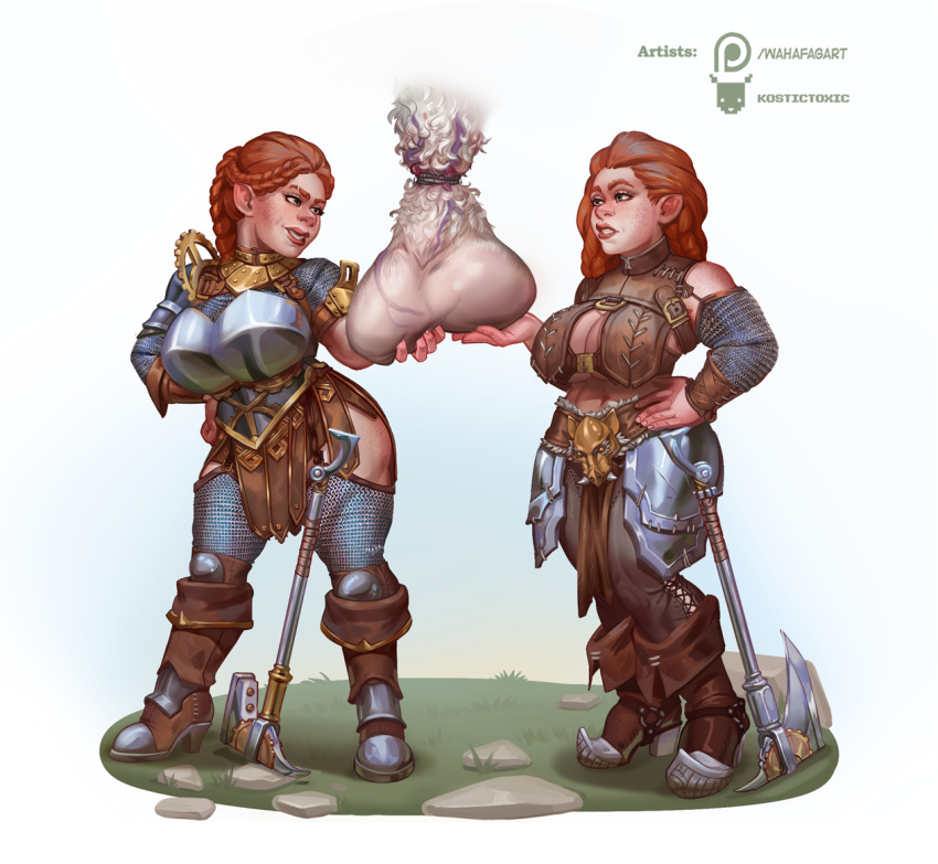 animal_genitalia anthro armor axe ball_squeeze balls big_breasts bottomwear bovid bovine braided_hair breasts butt castration chainmail clothed clothing contempt digital_media_(artwork) dwarf european_mythology fantasy female fur gears genital_mutilation genital_torture genitals gold_(metal) grass greek_mythology green_eyes group hair humanoid humanoid_pointy_ears kostictoxic leather leather_armor leather_bottomwear leather_clothing leather_loincloth leather_pants legwear loincloth male male/female mammal minotaur mythology not_furry pants plant red_hair rock sibling simple_background smile smirk stockings suid suina sus_(pig) transformation_ring trio twins vein weapon white_body white_fur white_wool wild_boar wool_(fur)