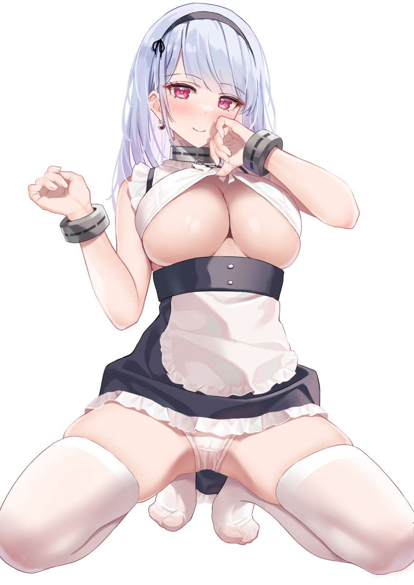 1girl absurdres alternate_costume anchor_choker apron azur_lane bare_shoulders black_hairband blush breasts classic_(zildjian33) cleavage clothes_lift clothing_cutout dido_(azur_lane) earrings enmaided frills grey_hair hairband highres jewelry kneeling lace-trimmed_hairband lace_trim large_breasts long_hair looking_at_viewer maid panties pink_eyes purple_eyes sleeveless smile solo thighhighs thighs underboob underboob_cutout underwear white_apron white_hair white_panties white_thighhighs