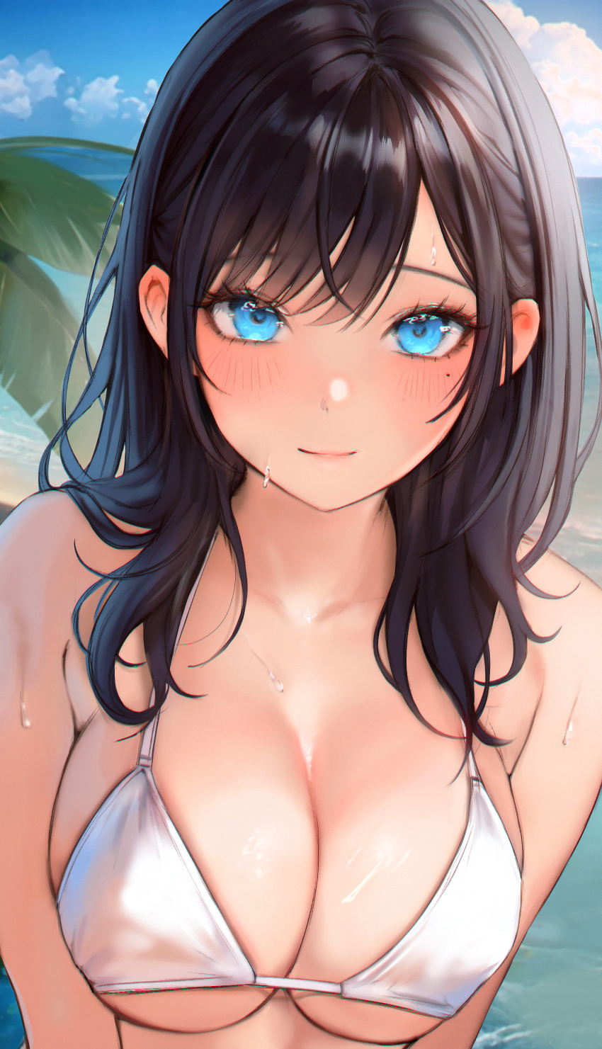 1girl absurdres beach bikini black_hair blue_eyes blush breasts breasts_squeezed_together chromatic_aberration cleavage close-up collarbone commentary day dripping eyelashes hair_behind_ear hair_over_shoulder highres horizon large_breasts lips long_hair looking_at_viewer mole mole_under_eye ocean original outdoors palm_tree parted_bangs raeun_46 revision shiny_skin sidelocks smile solo string_bikini sunlight swimsuit symbol-only_commentary tree underboob upper_body wet white_bikini