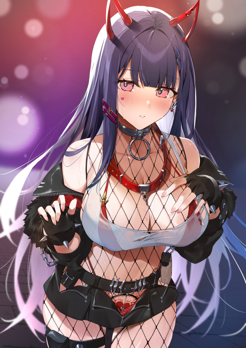1girl akuma_nihmune akuma_nihmune_(2nd_costume) bare_shoulders belt bikini bikini_top_only black_belt black_choker black_gloves blush bodysuit breasts choker cleavage commentary demon_girl demon_horns ear_piercing facial_mark facial_tattoo fake_horns fingerless_gloves fishnet_bodysuit fishnets gloves gradient_hair heart heart_facial_mark heart_tattoo highres horns indie_virtual_youtuber jacket jacket_partially_removed kasumi_komo large_breasts long_hair looking_at_viewer multicolored_hair off_shoulder open_clothes open_fly open_jacket piercing pink_eyes pubic_tattoo red_bikini see-through see-through_shirt solo swimsuit symbol-only_commentary tattoo thigh_strap virtual_youtuber