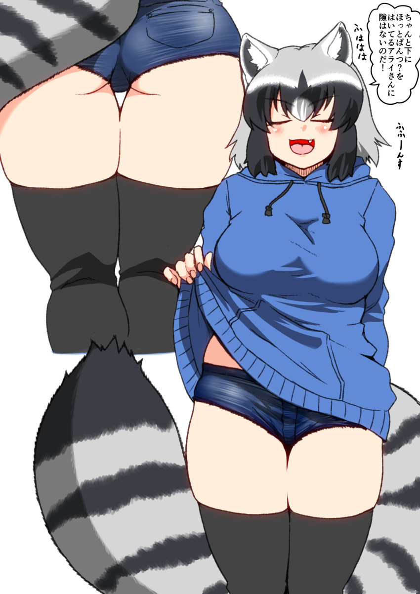 1girl alternate_costume animal_ears arm_behind_back ass black_hair black_thighhighs blue_hoodie blue_shorts blush breasts closed_eyes clothes_lift commentary_request common_raccoon_(kemono_friends) cowboy_shot denim denim_shorts drawstring facing_viewer fang from_behind grey_hair hair_between_eyes hand_up highres hood hood_down hoodie hoodie_lift isna_(footprintsofisna) kemono_friends large_breasts lifted_by_self long_sleeves lower_body medium_hair multicolored_hair open_mouth pocket raccoon_ears raccoon_tail short_shorts shorts smile tail thigh_gap thighhighs translation_request underbutt white_hair