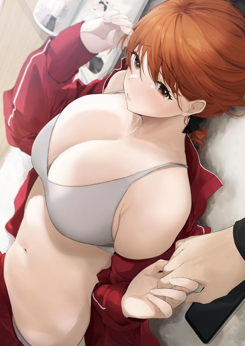 1girl 1other akito_(d30n26) armpit_crease bare_shoulders book bra breasts brown_background cellphone cleavage closed_mouth grey_bra grey_panties gym_uniform highres holding_hands jacket large_breasts long_sleeves looking_at_viewer nagi_(akito) navel off_shoulder open_book open_clothes open_jacket orange_hair original panties phone raised_eyebrows red_jacket smartphone solo_focus stomach track_jacket underwear upper_body