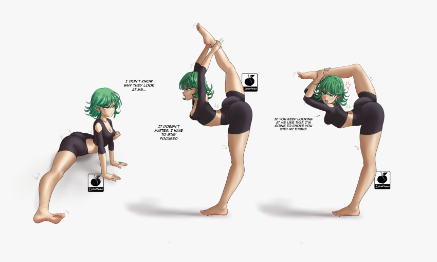 1girl absurdres anger_vein arched_back ass barefoot bike_shorts black_shorts breasts cleavage collage contortion crop_top english_commentary english_text flexible flipped_hair green_eyes green_hair highres linkartoon long_legs one-punch_man scorpion_pose short_hair shorts small_breasts solo split spread_legs standing standing_on_one_leg tatsumaki toes watermark wide_spread_legs yoga
