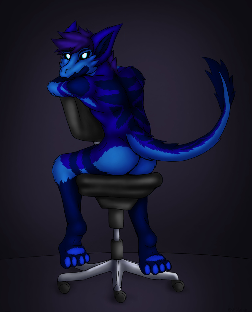 anthro blue_body blue_eyes blue_fur butt chair dragon fur furniture furred_dragon hair hi_res just_ashadowo looking_at_viewer looking_back male office_chair purple_hair rear_view shadowo simple_background solo
