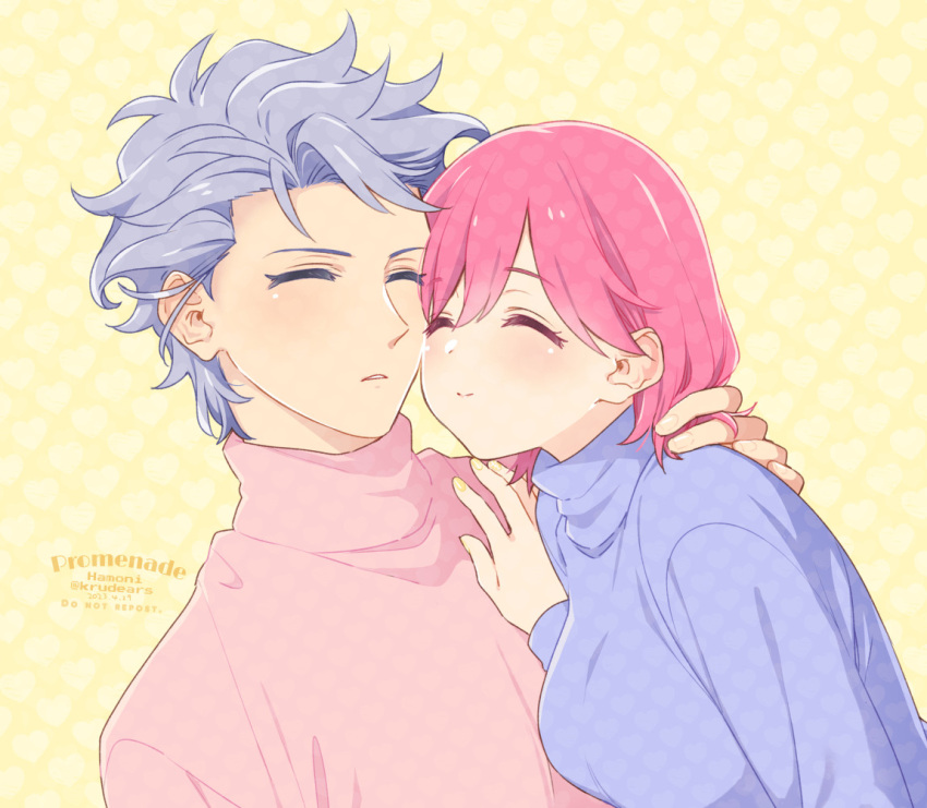 1boy 1girl artist_name blue_sweater bob_cut breasts closed_eyes couple dated grey_hair hair_between_eyes hand_in_another's_hair hand_on_another's_shoulder hetero krudears light_blush long_sleeves medium_breasts nail_polish parted_lips pink_hair pink_sweater protagonist_(tokimemo_gs3) shitara_seiji short_hair smile sweater tokimeki_memorial tokimeki_memorial_girl's_side_3rd_story turtleneck turtleneck_sweater twitter_username upper_body yellow_background yellow_nails