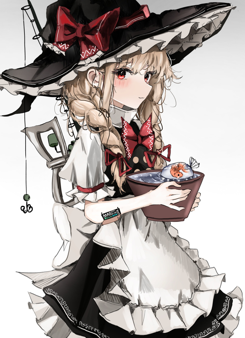 1girl absurdres alternate_hairstyle animal apron black_headwear black_skirt black_vest blonde_hair blush bow braid clenched_hand closed_mouth fish frilled_apron frilled_skirt frills goldfish hat hat_bow highres holding kirisame_marisa long_hair looking_at_viewer ougiikun red_bow red_eyes simple_background skirt solo touhou twin_braids vest waist_apron white_apron white_background witch_hat