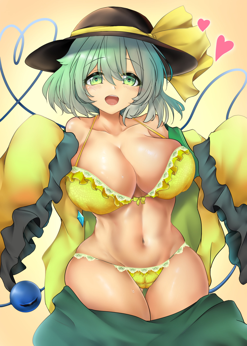 1girl absurdres black_hairband black_headwear bra breasts cleavage commentary_request green_eyes green_hair hairband hat hat_ribbon heart heart_of_string highres komeiji_koishi large_breasts navel open_clothes open_mouth open_shirt orange_background panties pink_hair poke200 ribbon shirt short_hair solo third_eye touhou underwear variant_set yellow_bra yellow_panties yellow_ribbon yellow_shirt