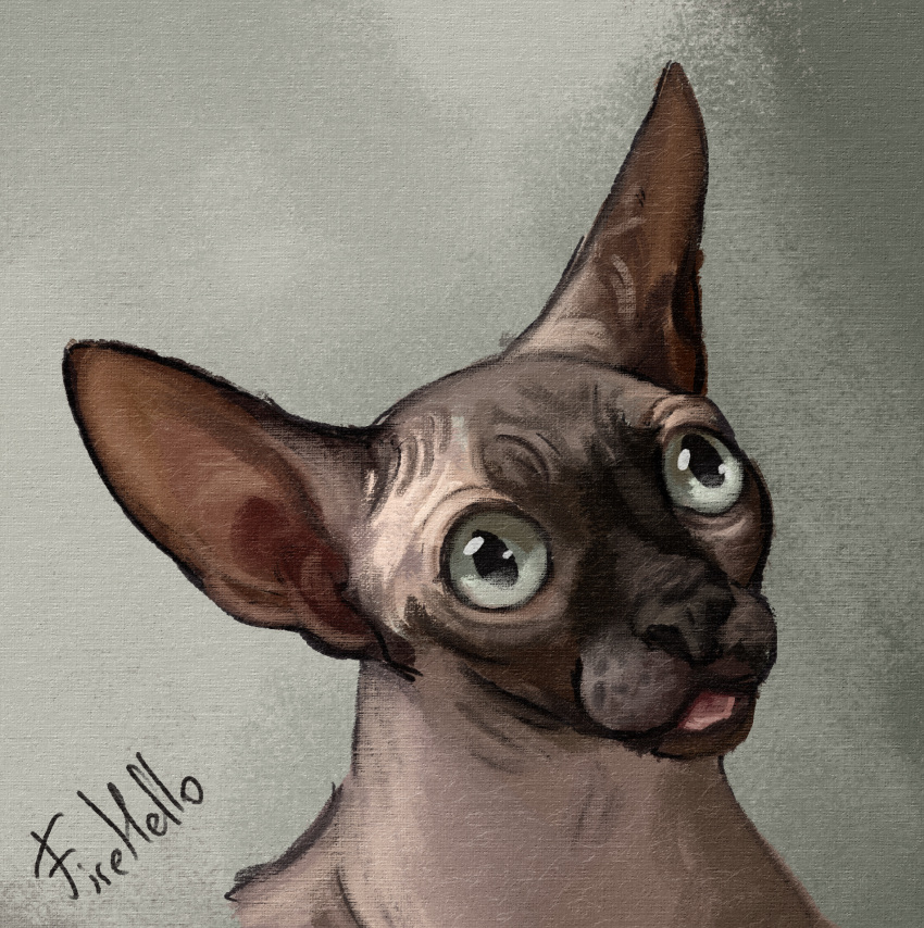 abstract_background blep blue_eyes derpy domestic_cat felid feline felis feral fihell hairless hairless_cat hi_res male mammal portrait realistic signature solo sphynx_(cat) tongue tongue_out