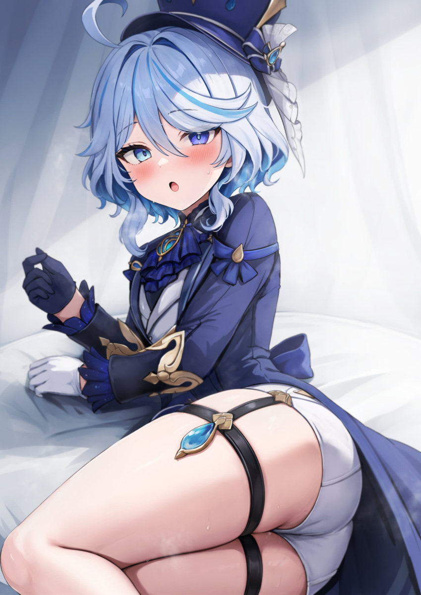 1girl absurdres ahoge ass black_gloves blue_eyes blue_hair blue_headwear blue_jacket blush furina_(genshin_impact) genshin_impact gloves hair_between_eyes hat heterochromia highres jacket long_sleeves mochitsuki_karen open_mouth shorts solo thighs top_hat white_gloves white_shorts