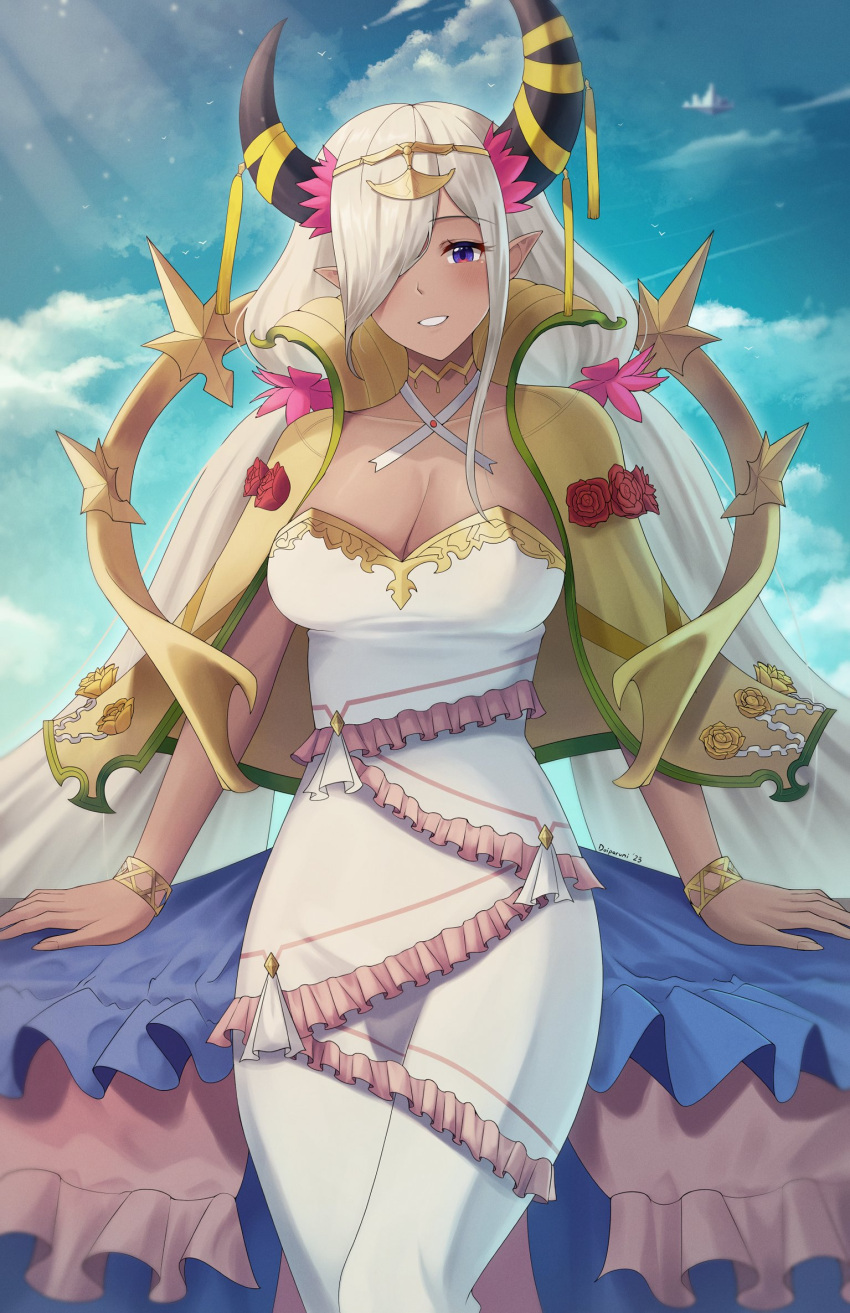 1girl asymmetrical_horns bare_shoulders breasts cleavage cosplay dark-skinned_female dark_skin doiparuni dragon_girl fire_emblem fire_emblem_engage hair_ornament hair_over_one_eye highres horns large_breasts long_hair lumera_(fire_emblem) lumera_(fire_emblem)_(cosplay) mature_female pointy_ears purple_eyes ribbon smile solo tan tassel tassel_hair_ornament tiara uneven_horns very_long_hair white_hair zelestia_(fire_emblem)