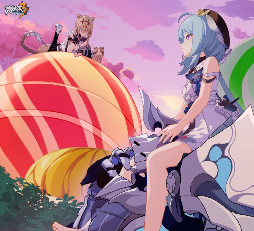 1boy 2girls ahoge animal animal_ears bare_legs bare_shoulders barefoot black_headwear breasts can_(honkai_impact) candy cat cat_ears cat_girl cat_tail chinese_commentary closed_mouth dress food griseo hand_on_own_cheek hand_on_own_face helmet heterochromia highres honkai_(series) honkai_impact_3rd leg_up logo looking_at_another medium_hair mr.knight_(honkai_impact) multiple_girls official_art official_wallpaper pardofelis_(honkai_impact) parted_lips pine_tree pink_sky purple_eyes sky small_breasts tail tree white_armor white_dress