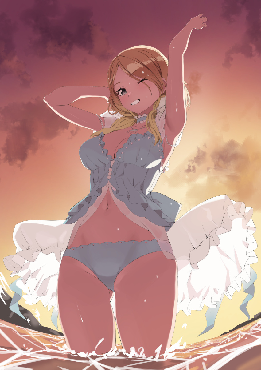 1girl absurdres arm_behind_head arms_up ass_visible_through_thighs backlighting beads bikini blonde_hair breasts choker commentary dusk frilled_choker frills gradient_hair grey_eyes grin groin highres horizon idolmaster idolmaster_shiny_colors izumi_mei long_hair looking_at_viewer medium_breasts multicolored_hair navel ocean one_eye_closed outdoors see-through smile solo swimsuit td_(tandeom97) thighs wading water wet wet_hair