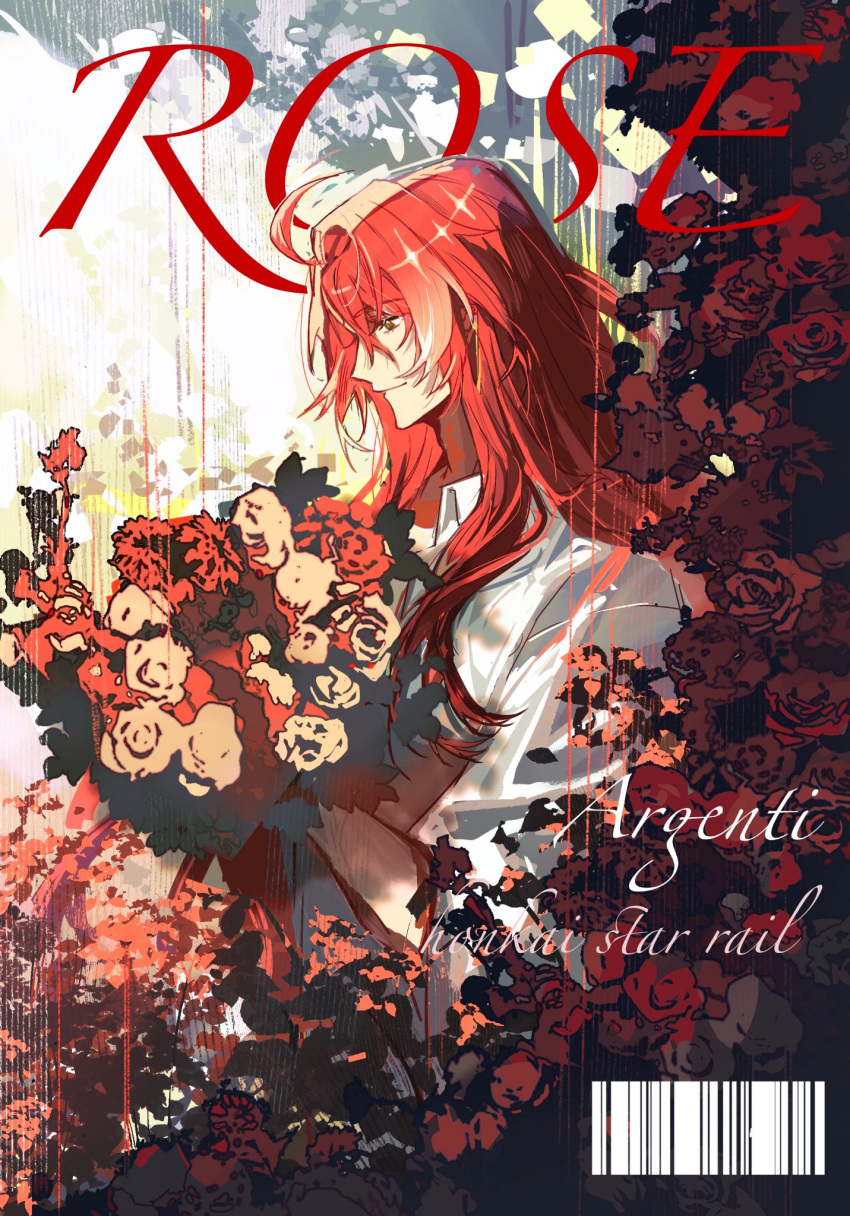 1boy ahoge alternate_costume androgynous argenti_(honkai:_star_rail) barcode bouquet character_name closed_eyes cover english_text flower hair_between_eyes highres holding holding_bouquet honkai:_star_rail honkai_(series) looking_down magazine_cover male_focus multicolored_hair red_flower red_hair red_rose rose shirt solo streaked_hair upper_body white_shirt white_sleeves yichensang
