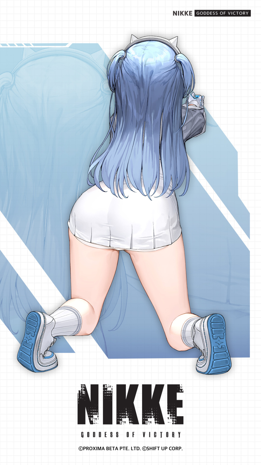 1girl april_fools ass blue_hair copyright_name earphones foreshortening from_behind gloves goddess_of_victory:_nikke high-waist_skirt highres long_sleeves official_art outstretched_arms panties panty_peek shifty_(nikke) shoes skirt sneakers socks solo thighs two_side_up underbutt underwear white_footwear white_gloves white_panties white_skirt white_socks zoom_layer