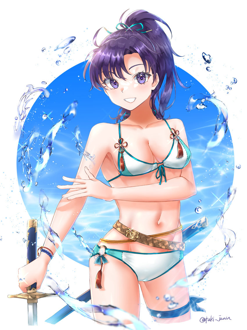 1girl absurdres bikini breasts cleavage fir_(fire_emblem) fire_emblem fire_emblem:_the_binding_blade grin highres holding holding_sword holding_weapon looking_at_viewer medium_breasts ponytail purple_hair smile solo swimsuit sword teeth tsukimura_(d24f4z8j3t) water weapon white_bikini