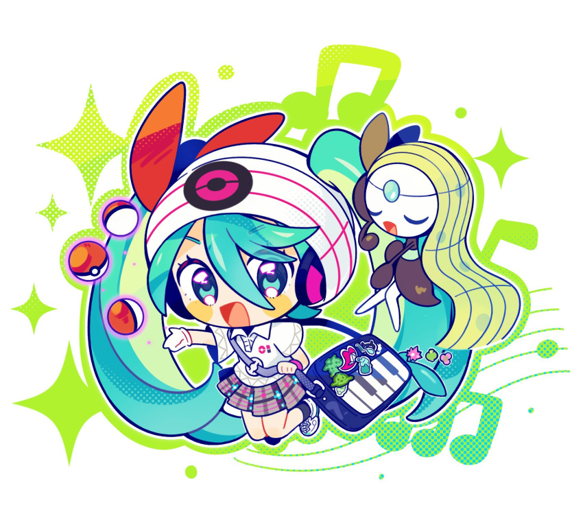 1girl :d aqua_eyes aqua_hair bag beanie blush chibi closed_eyes collared_shirt commentary floating floating_object full_body gloves hair_between_eyes hat hatsune_miku headphones highres holding_strap inomo_(qimoshu) long_hair looking_at_viewer meloetta music musical_note open_mouth pleated_skirt poke_ball poke_ball_(basic) pokemon pokemon_(creature) polo_shirt project_voltage psychic_miku_(project_voltage) shirt shoulder_bag singing single_glove skirt smile sparkle twintails very_long_hair vocaloid white_footwear white_gloves white_headwear white_shirt