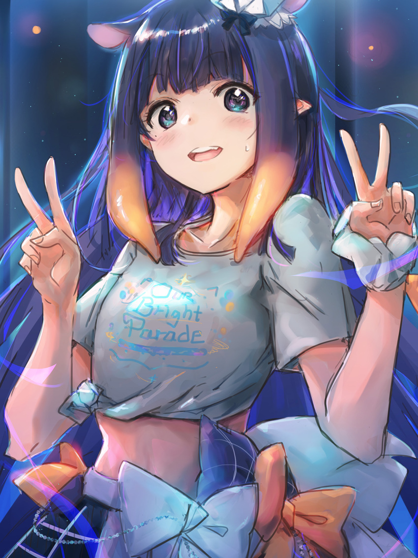 1girl blue_eyes bow double_v hat highres hololive hololive_english hololive_idol_uniform_(bright) midriff mini_hat mole mole_under_eye ninomae_ina'nis pointy_ears purple_hair scrunchie shirt tallgeese_(lgeesel) tied_shirt v virtual_youtuber wrist_scrunchie