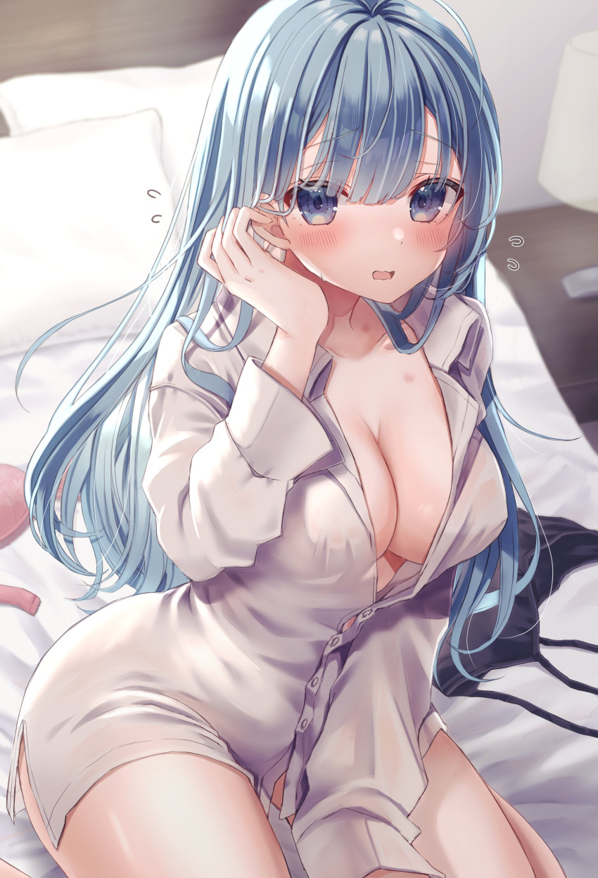 1girl absurdres arm_between_legs bed bed_sheet blue_eyes blue_hair blush botamochi_(botabutasan) bra bra_removed breasts cleavage collared_shirt dress_shirt flying_sweatdrops hair_ornament highres indoors lamp long_hair long_sleeves looking_at_viewer medium_breasts on_bed open_mouth original pillow pink_bra shirt sitting solo thighs underwear very_long_hair wariza wavy_mouth white_shirt