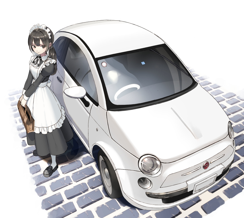 1girl absurdres apron bag black_dress black_footwear black_hair brick_floor car commentary_request commission dress fiat fiat_500 full_body highres holding holding_bag license_plate loafers long_hair long_sleeves low_ponytail maid maid_apron maid_headdress motor_vehicle original puffy_long_sleeves puffy_sleeves shadow shii_(kairi-t-k0317) shoes skeb_commission socks solo standing vehicle_focus white_socks