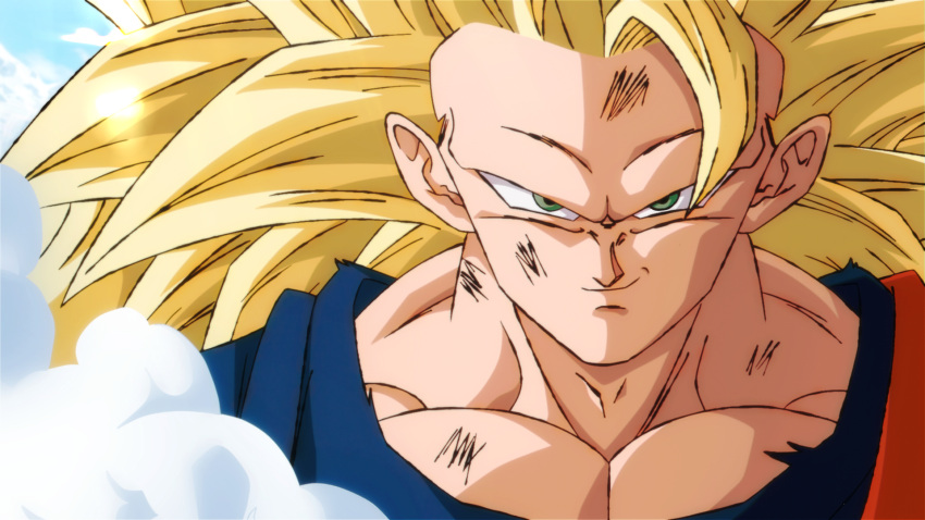 blonde_hair cloud cody_artzz dougi dragon_ball highres large_pectorals long_hair looking_at_viewer muscular muscular_male pectorals smoke son_goku super_saiyan super_saiyan_3 takahashi_yuuya_(style) torn_clothes